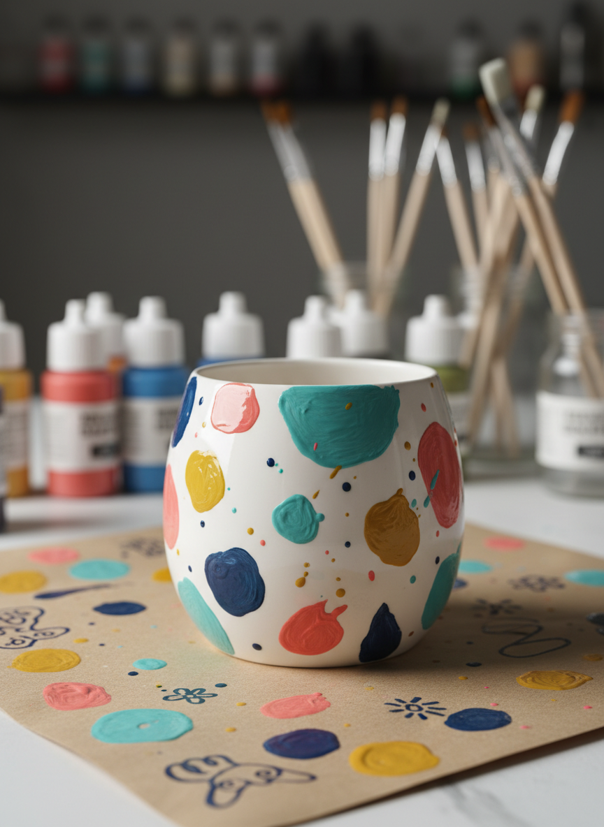 A close-up of a freshly painted ceramic mug, its surface decorated with playful, hand-drawn patterns of bold abstract shapes in turquoise, coral pink, mustard yellow, and deep navy on a bright white base. Tiny paint splatters and visible brushstrokes give the piece a lively, imperfect charm. The mug rests on recycled kraft paper scattered with color tests and doodled patterns. Soft studio lighting from the left creates delicate highlights on the semi-gloss ceramic and a gentle shadow to the right. The background fades into a soft bokeh of stacked paint bottles and neatly arranged brushes, photographic realism with a modern, design-forward, creative café atmosphere.