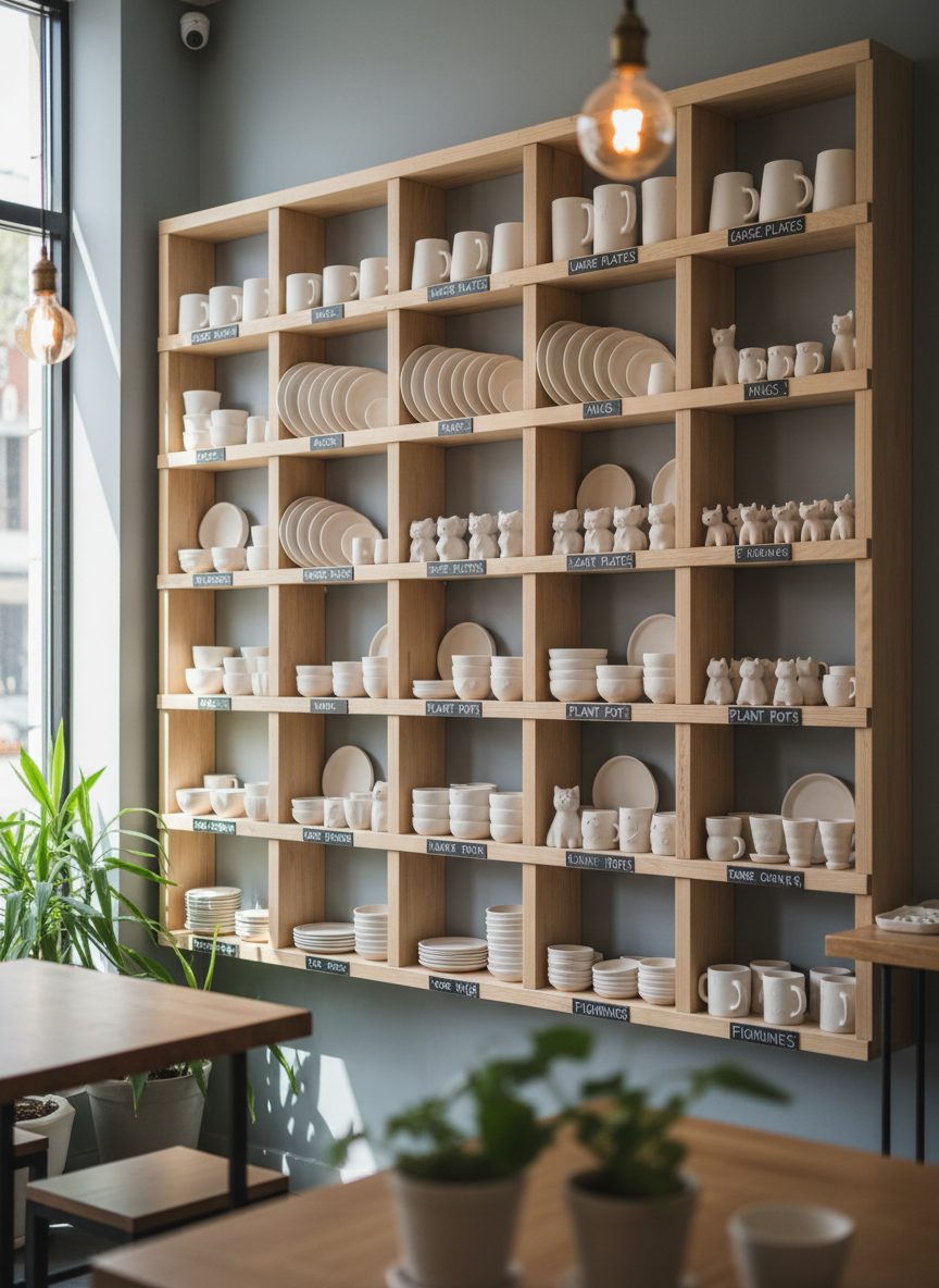 A tidy, wall-mounted display of unpainted ceramic shapes in a creative studio café: rows of hanging mugs, plates in multiple sizes, small planters, and little figurines, all in matte white bisque. The shelving is built from light, untreated wood, with tiny handwritten chalkboard labels indicating each shape. Ambient daylight mixes with warm overhead bulbs, creating gentle gradients of light across the ceramics and soft overlapping shadows on the wall. Captured at eye level, the composition uses the rule of thirds to emphasize the abundance of choices. Photographic realism with a calm yet playful atmosphere, suggesting endless possibilities for personalizing your own everyday objects.