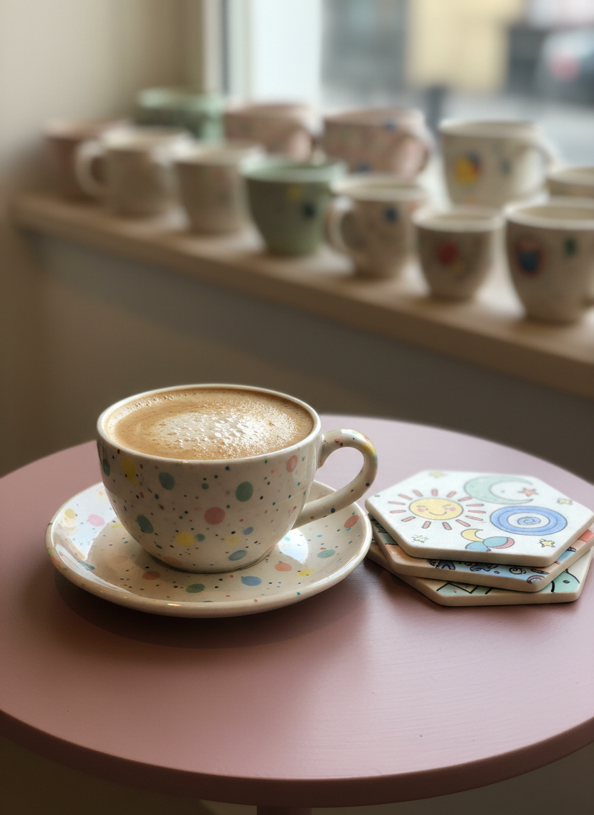 A whimsical, photographic close-up of a speckled ceramic cappuccino cup and saucer, both hand-painted with playful, irregular dots and tiny abstract shapes in candy-colored tones. The cup is filled with foamy coffee, its warm brown surface contrasting with the pastel patterns. It sits on a small round café table painted in matte dusty rose, with a stack of illustrated ceramic coasters nearby, each featuring different quirky designs. Late-morning natural light streams in from a side window, creating soft reflections on the glaze and a cozy glow across the table. Shot at a slightly elevated angle with shallow depth of field, the background softly blurs into shelves of colorful ceramics, conveying the idea that your daily coffee can be served in your own unique creation.