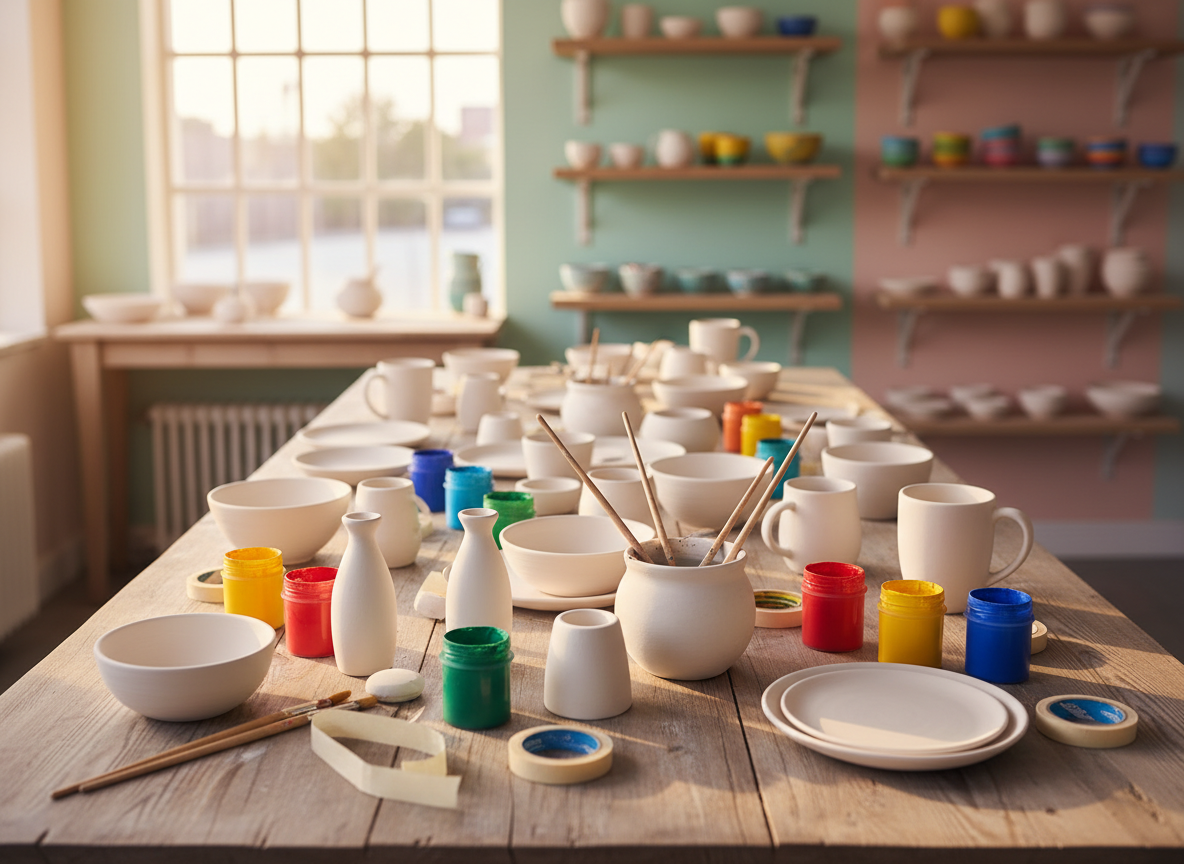 A long wooden table covered with a playful mix of unpainted ceramic objects: bowls, mugs, small vases and plates with smooth matte white bisque surfaces. Colorful open paint jars, fine brushes in a rinsing pot, and painter’s tape create a sense of creative chaos around them. The table sits in a cozy studio café with pastel walls and open shelving full of finished, brightly glazed ceramics in the softly blurred background. Warm afternoon light filters through large windows, creating gentle reflections on the ceramics and subtle shadows on the wood. Photographic realism, eye-level angle, shallow depth of field, vibrant yet cozy mood that feels inviting and encourages experimentation.