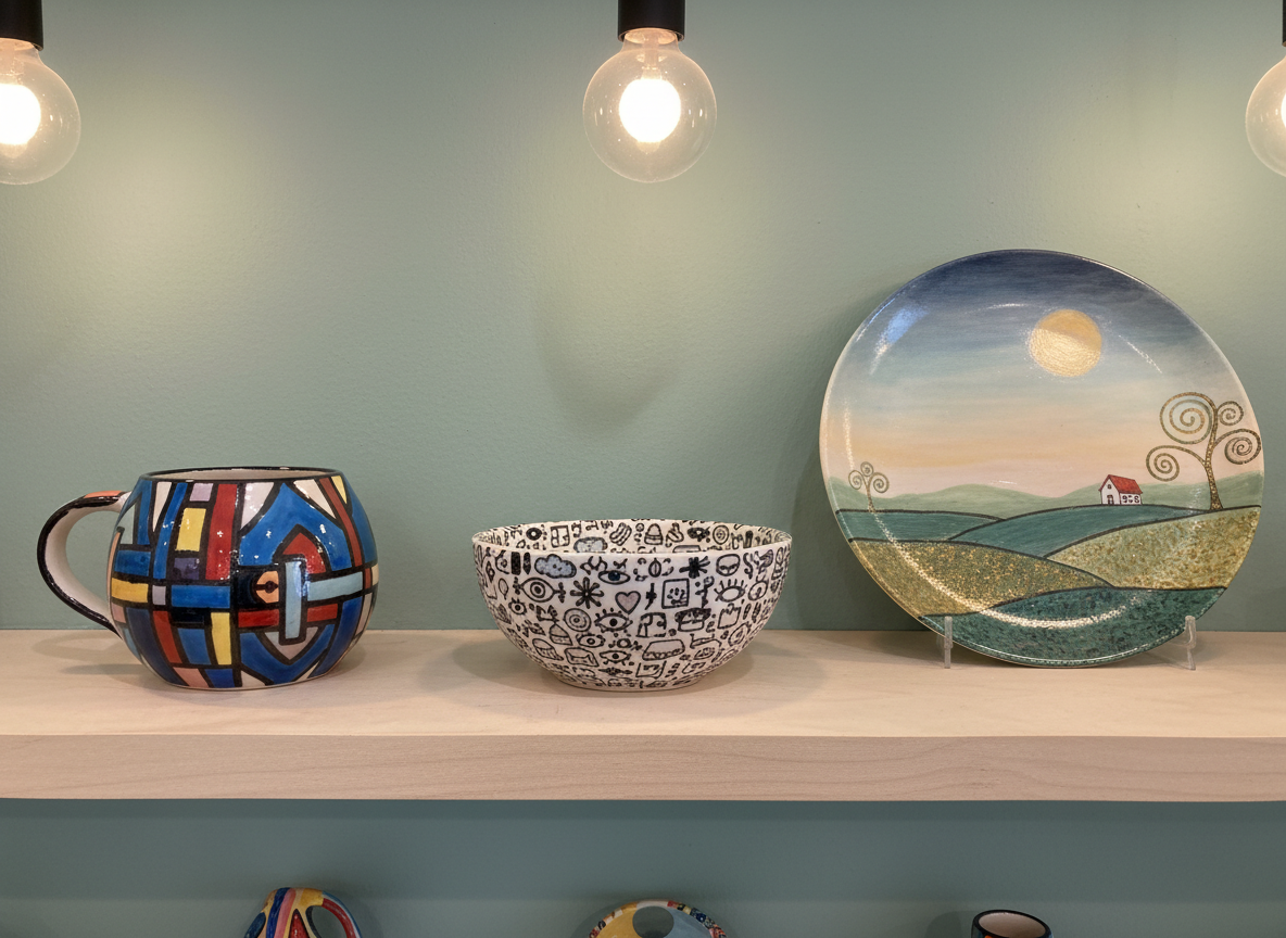 A set of three finished, colorful ceramic objects displayed on a simple shelf: a mug with bold geometric patterns, a small bowl covered in tiny doodled icons, and a plate featuring a dreamy landscape with a tiny house and stylized trees. All pieces have a smooth glossy finish that catches the light. The shelf is made of pale wood against a soft, chalky mint green wall. Warm pendant café lighting above casts gentle, rounded highlights on the curved surfaces and soft shadows downward. Photographic realism with a slightly elevated frontal angle, crisp focus on the ceramics, and a blurred hint of more shelves below, creating a joyful, proud, gallery-like atmosphere showcasing the unique results of creative play.