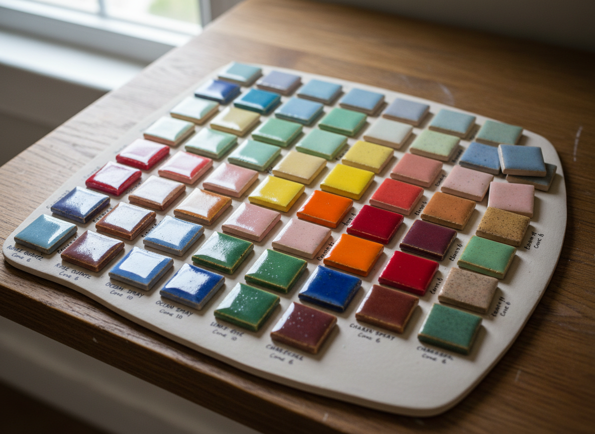 A photographic, close-up view of a ceramic tile color test board resting on a wooden countertop. Dozens of small, square tiles are aligned in a grid, each painted with a different glaze color and labeled in tiny handwritten script. The hues range from soft pastels to bold saturated tones, some glossy, some satin, some speckled. A few tiles overlap casually, hinting at experimentation. Diffused overcast light from a nearby window provides even illumination, enhancing the true colors and subtle surface textures. Shot from a slightly angled top-down perspective with sharp focus across the frame, the mood is playful yet technical, capturing the behind-the-scenes craft of choosing the perfect palette for your ceramic painting.