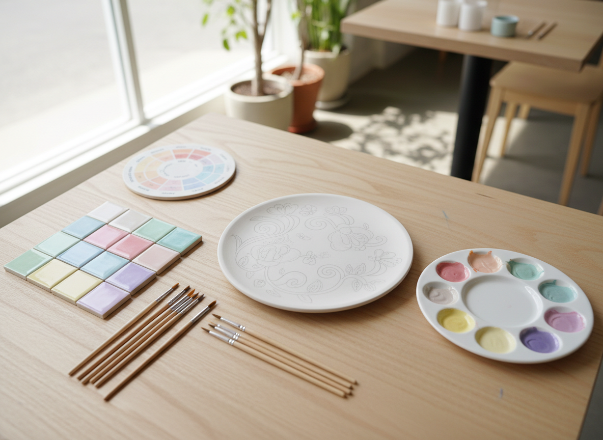 An overhead, photographic view of a neatly arranged ceramic painting station in a cheerful creative café. A circular unpainted plate sits in the center, outlined with light pencil guides for a whimsical floral pattern. Around it are neatly organized color swatches painted directly on small ceramic tiles, a color wheel, slim detail brushes, and a palette with mixed pastel glazes. The tabletop is a light birch wood, subtly textured. Daylight from a nearby window creates soft, even illumination with minimal shadows, enhancing every tone and texture. The composition is clean and organized, evoking a playful yet methodical mood, perfect for illustrating the step-by-step process of designing your own ceramic piece.